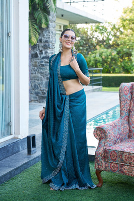 AAINA CREATION Embellished Bollywood Silk Blend Saree(Dark Blue)