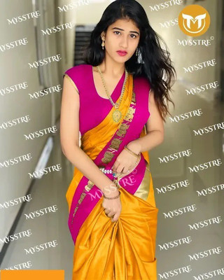 Mysstre Temple Border Banarasi Jacquard, Cotton Silk Saree(Mustard)