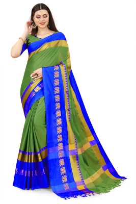 NOTABILIA Self Design Kanjivaram Art Silk, Cotton Silk Saree(Dark Green, Blue)