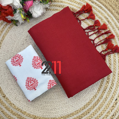 2211 THE FASHION HUB Solid/Plain Handloom Pure Cotton Saree(Red)