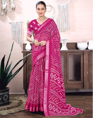 Samah Embellished, Printed Bandhani Linen, Cotton Blend Saree(Pink)
