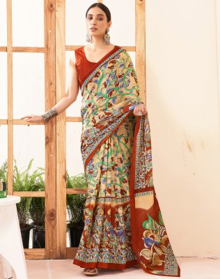 SIRIL Printed Kalamkari Pure Cotton Saree(Cream, Brown, Multicolor)