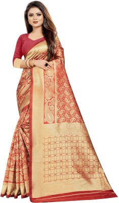 Hinayat Fashion Self Design, Printed, Embroidered, Embellished, Woven Kanjivaram Pure Silk, Art Silk Saree(Red)