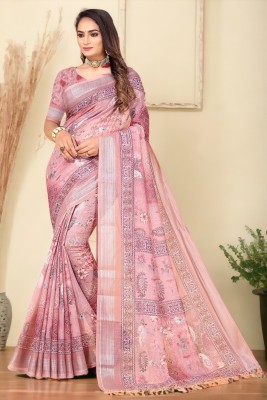 Raghav Silk Studio Digital Print, Self Design, Woven Bollywood Cotton Linen Saree(Multicolor)