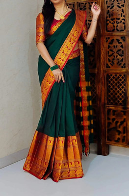 Loveitta Woven Narayanpet Cotton Silk Saree(Dark Green)