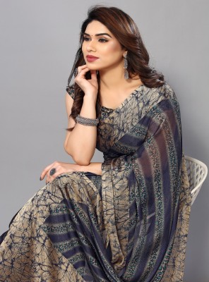 FABMORA Printed, Color Block Daily Wear Chiffon, Georgette Saree(Dark Blue)