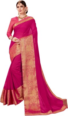 VEROKNIT Self Design, Woven, Solid/Plain Bollywood Chiffon Saree(Pink, Gold)