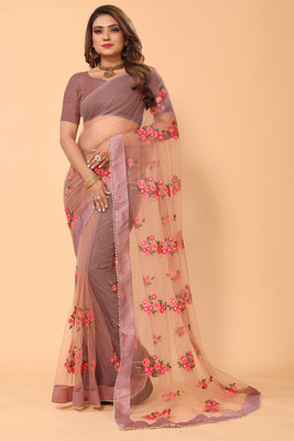 DWINIZAA STORE Embroidered Bollywood Net Saree(Brown)