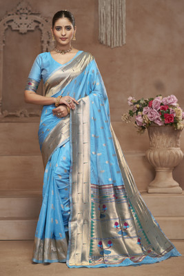 ROOP LAVANYA Woven Kanjivaram Jacquard, Cotton Silk Saree(Light Blue)