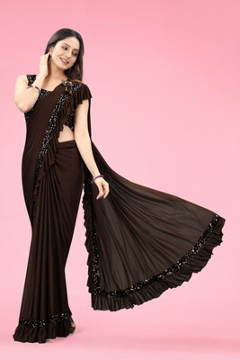 Shrithi Fashion Fab Solid/Plain Bollywood Lycra Blend Saree(Brown)