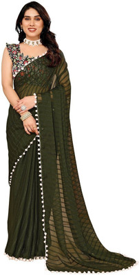 ROOP SUNDARI SAREES Woven, Striped, Dyed Bollywood Georgette Saree(Dark Green)
