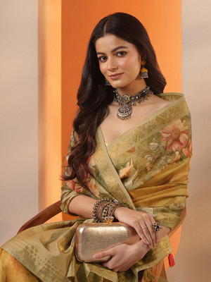 LIBAS Printed Daily Wear Silk Blend Saree(Mustard)