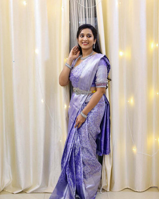 ORNAGLOW Woven Kanjivaram Art Silk, Pure Silk Saree(Purple, Multicolor)
