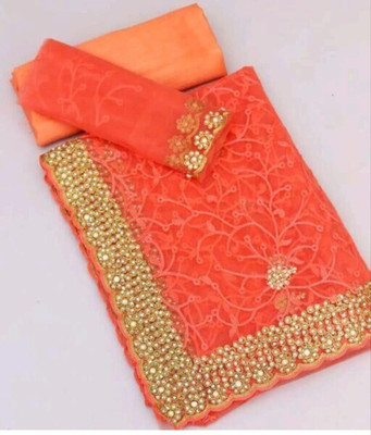 SkyFlock Embroidered, Embellished Bollywood Net Saree(Orange)