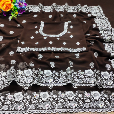 KHRITI FAB Embroidered, Floral Print Bollywood Georgette Saree(Brown)