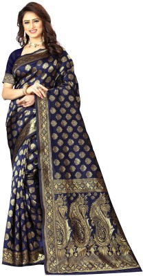 KREZVI Woven, Self Design, Solid/Plain, Temple Border, Embellished, Embroidered, Floral Print Banarasi Jacquard, Cotton Silk Saree(Dark Blue)