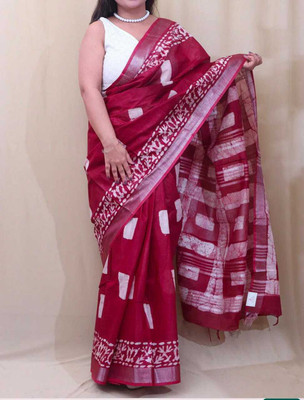 Luxury Silk Printed Hand Batik Handloom Cotton Blend Saree(Maroon)