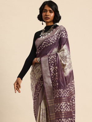 Taavi Self Design Handloom Silk Blend Saree(Cream)
