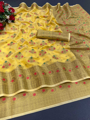 SATVASHIV Woven Daily Wear Cotton Blend Saree(Yellow)