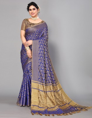 Samah Woven, Embellished, Printed Banarasi Cotton Silk, Silk Blend Saree(Blue, Beige)