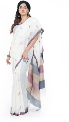 TANTUJA BENGAL HANDELOOM Woven Handloom Handloom Pure Cotton Saree(White)