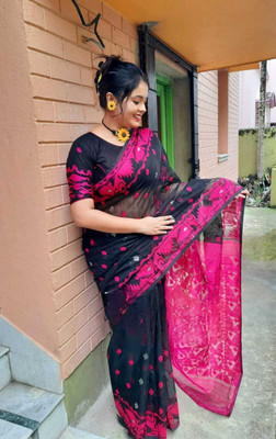 SP Boutique Embroidered Jamdani Cotton Silk Saree(Black)