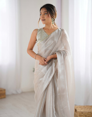 Samah Dyed, Embellished Bollywood Jimmy choo, Chiffon Saree(Beige)