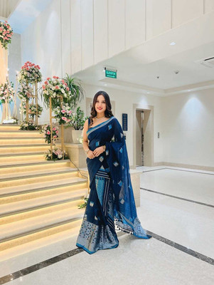 S P CREATION Woven Mekhela Chador Cotton Blend Saree(Blue)