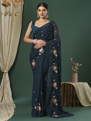Sareemall Embroidered Bollywood Chiffon Saree(Blue)