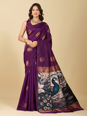 PRIMENIKS Woven, Printed, Digital Print Banarasi Pure Silk, Satin Saree(Purple)