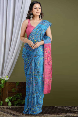 HouseOfCommon Printed Handloom Cotton Silk Saree(Blue)