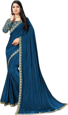 SNH EXPORT Self Design Bollywood Velvet Saree(Light Blue)