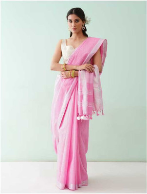 Hatha Karagha Solid/Plain Bhagalpuri Cotton Linen Saree(Pink)