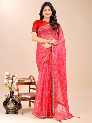 Divastri Printed Bandhani Polyester, Georgette Saree(Red)