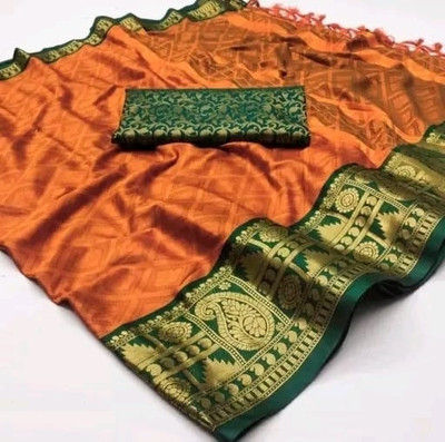 SWASTIKEXPORTS Dyed, Paisley, Solid/Plain, Woven, Self Design, Embellished Bollywood Cotton Silk Saree(Orange)
