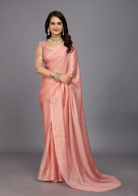 RHEY Embroidered, Solid/Plain Bollywood Georgette Saree(Pink)
