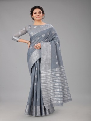 VILUCHI Self Design Banarasi Cotton Silk Saree(Grey)