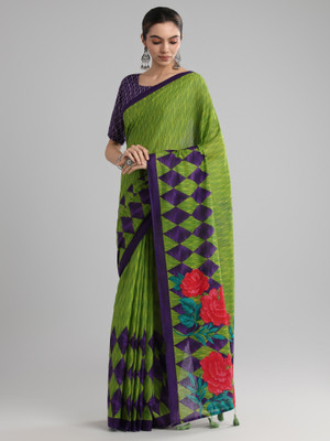 Sareemall Printed Ikkat Cotton Blend Saree(Green)