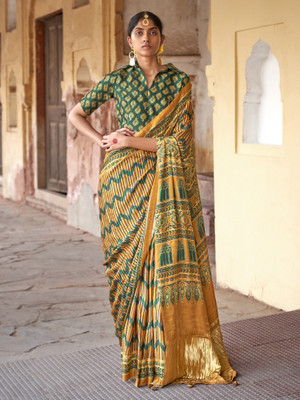 Sareemall Printed Leheria Viscose Rayon Saree(Mustard, Dark Green)