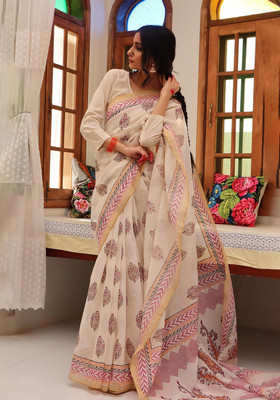 Albira Creation Printed, Animal Print, Floral Print, Temple Border Bollywood Cotton Linen Saree(Pink)