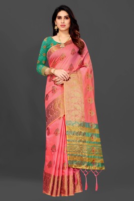 Gajal Woven Kanjivaram Pure Cotton, Cotton Silk Saree(Green, Pink)