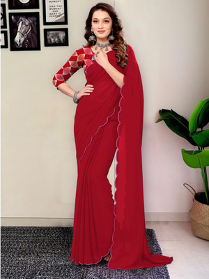 Ashiya Fab Printed Bollywood Georgette, Silk Blend Saree(Red)