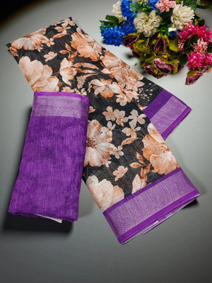 Myraani Floral Print Daily Wear Cotton Linen Saree(Black)