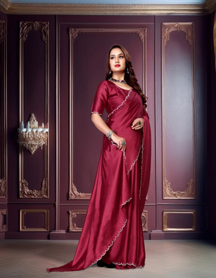 Mangukiya creation Solid/Plain, Self Design Bollywood Satin, Silk Blend Saree(Maroon)