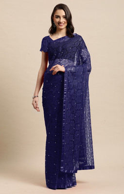 LOROFY Embellished Bollywood Net, Jacquard Saree(Dark Blue)