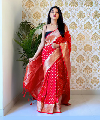 KanjiQueen Woven, Self Design Kanjivaram Silk Blend, Pure Silk Saree(Red)