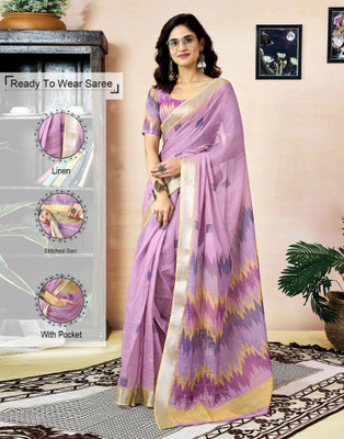 Samah Floral Print, Geometric Print, Embellished Daily Wear Linen Saree(Purple)