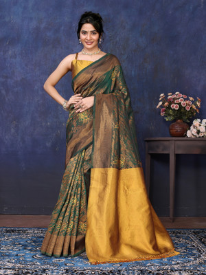 sareya veela Woven, Embellished, Self Design Banarasi Silk Blend, Jacquard Saree(Dark Green)