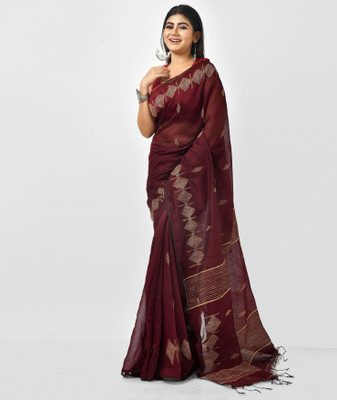 crochetin Woven Handloom Handloom Cotton Blend Saree(Gold, Maroon)