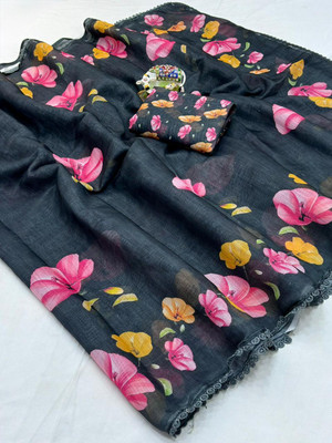 SDGRATITUDE Digital Print, Printed, Floral Print Daily Wear Linen, Cotton Linen Saree(Black)